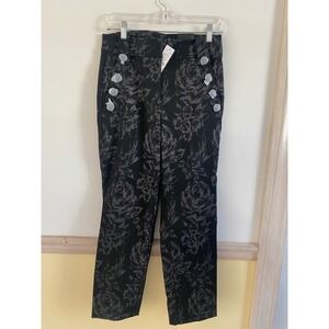 WHBM Women's Jolie Straight Leg Floral‎ Jacqrd Black Pant Glam Roses Metallic 6R